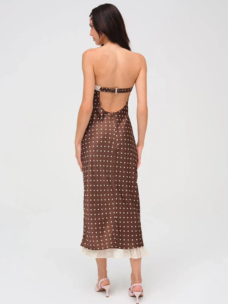 Strapless Polka Dot Lace Trim Bow Front Ribbon Tie Ruffle Hem Midi Dress