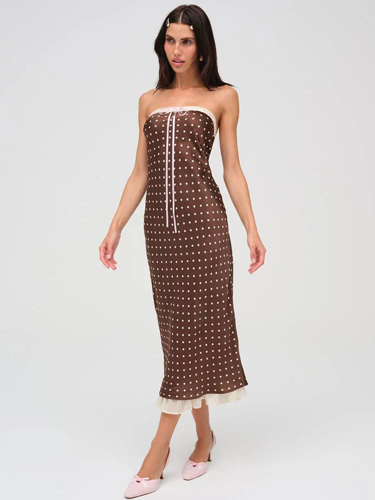 Strapless Polka Dot Lace Trim Bow Front Ribbon Tie Ruffle Hem Midi Dress