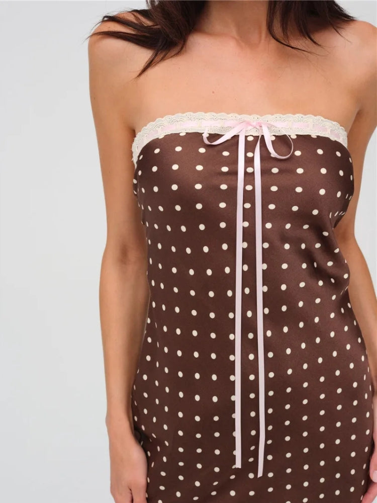 Strapless Polka Dot Lace Trim Bow Front Ribbon Tie Ruffle Hem Midi Dress