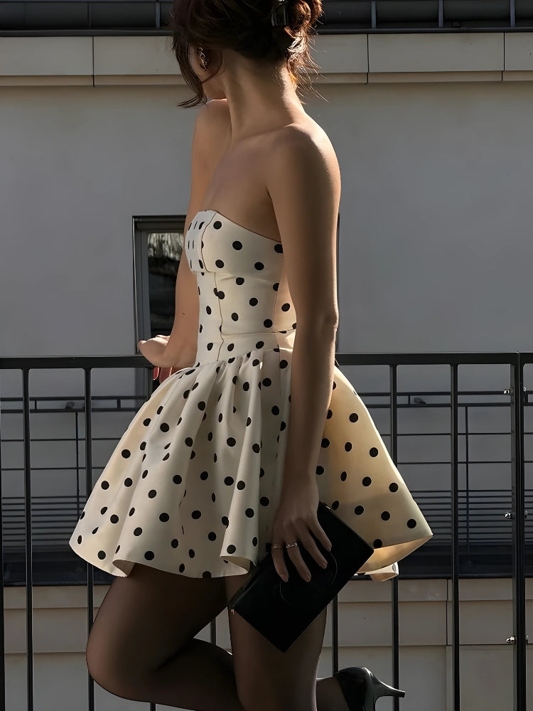 Strapless Polka Dot Back Bow Zip Back Flared Mini Dress