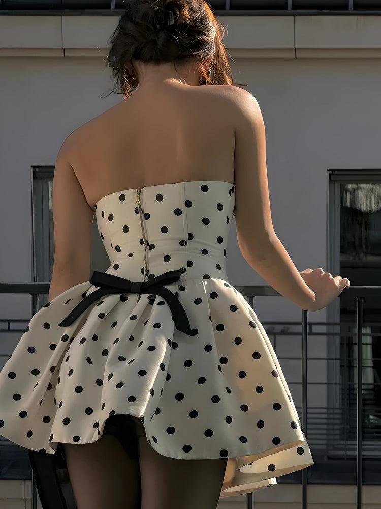 Strapless Polka Dot Back Bow Zip Back Flared Mini Dress