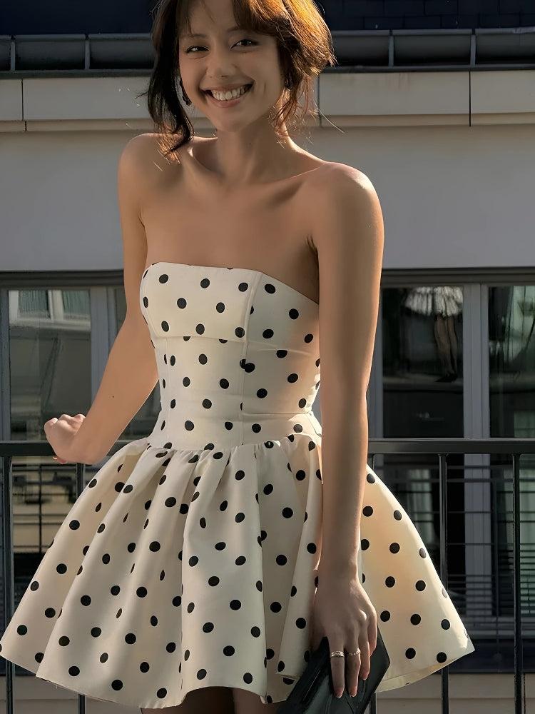 Strapless Polka Dot Back Bow Zip Back Flared Mini Dress