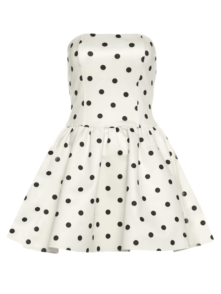 Strapless Polka Dot Back Bow Zip Back Flared Mini Dress