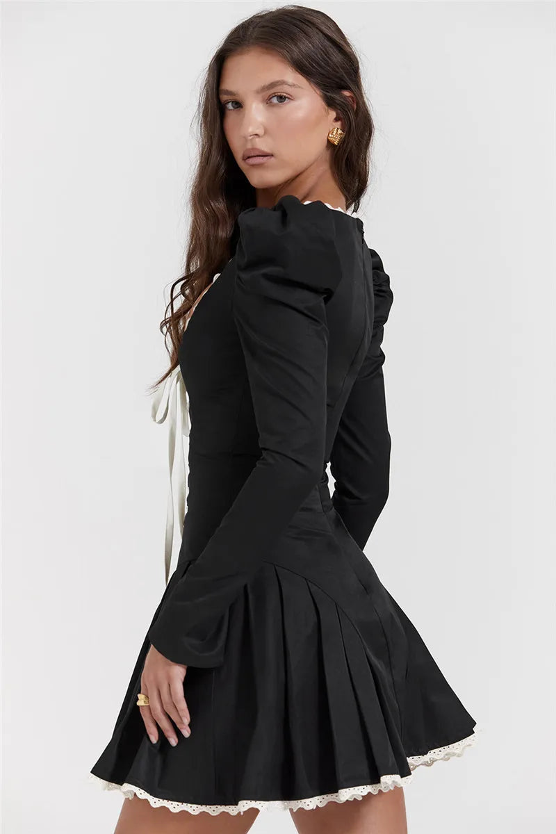 Lace Trim Corset Lace Up Puff Sleeve Pleated Mini Dress