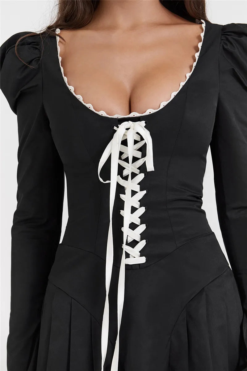 Lace Trim Corset Lace Up Puff Sleeve Pleated Mini Dress