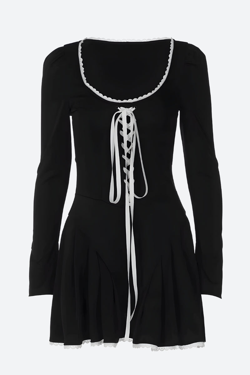 Lace Trim Corset Lace Up Puff Sleeve Pleated Mini Dress