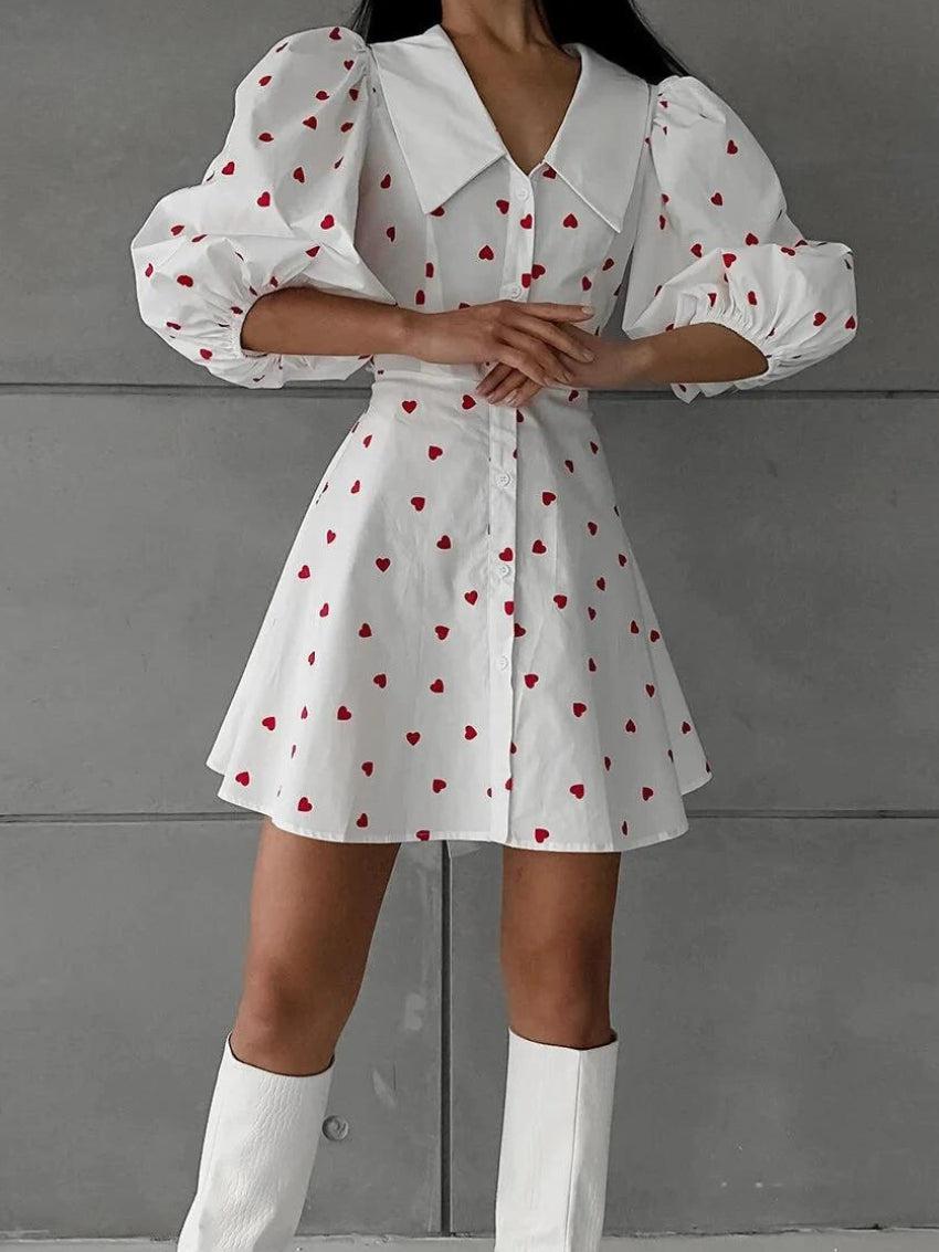 Heart Print Oversized Collar Puff Sleeve Button Front Fit and Flare Mini Dress