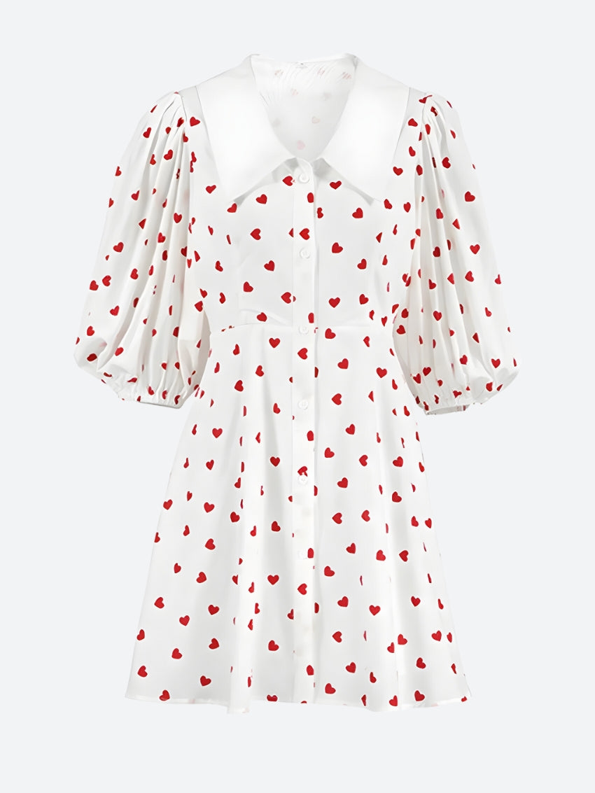 Heart Print Oversized Collar Puff Sleeve Button Front Fit and Flare Mini Dress