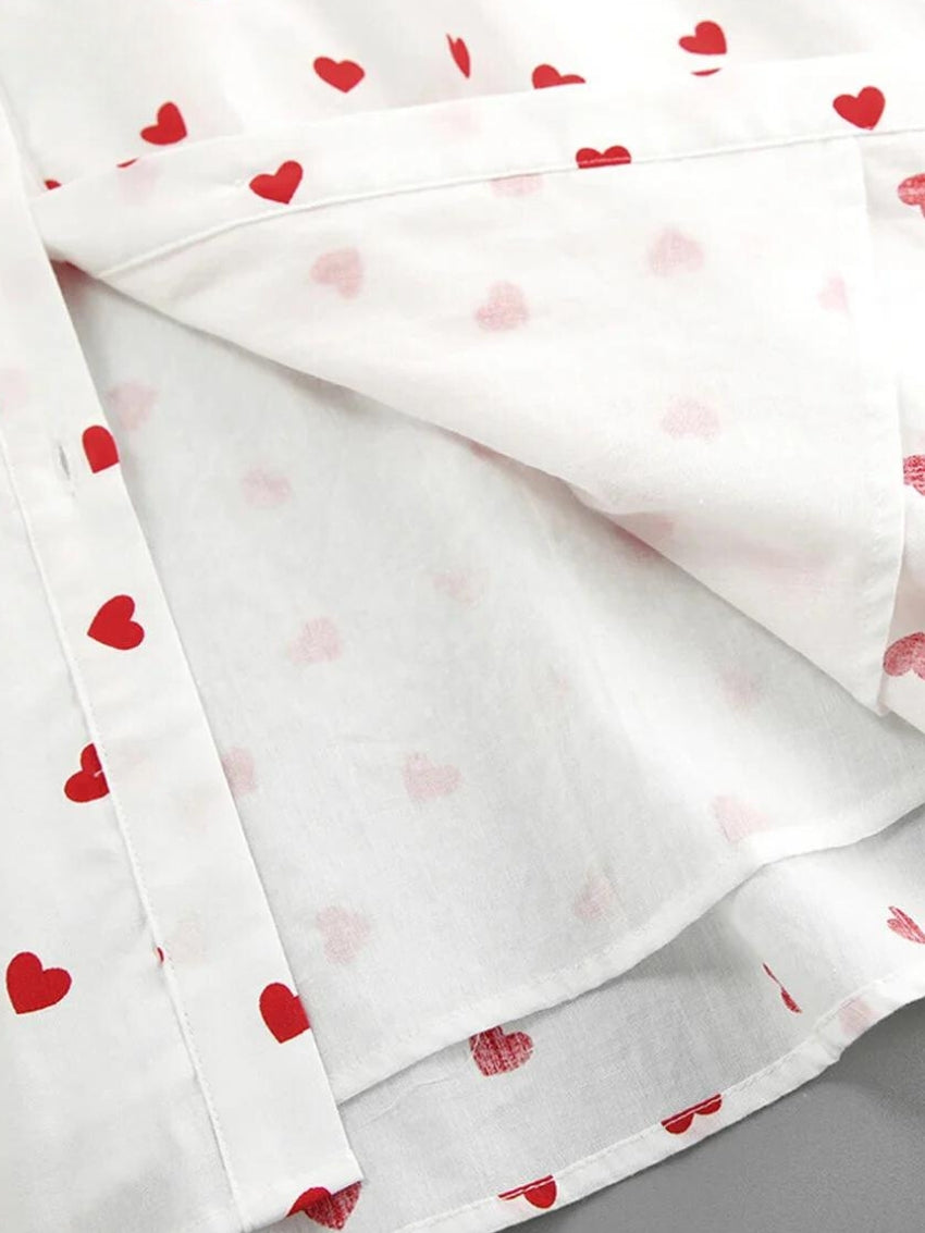 Heart Print Oversized Collar Puff Sleeve Button Front Fit and Flare Mini Dress