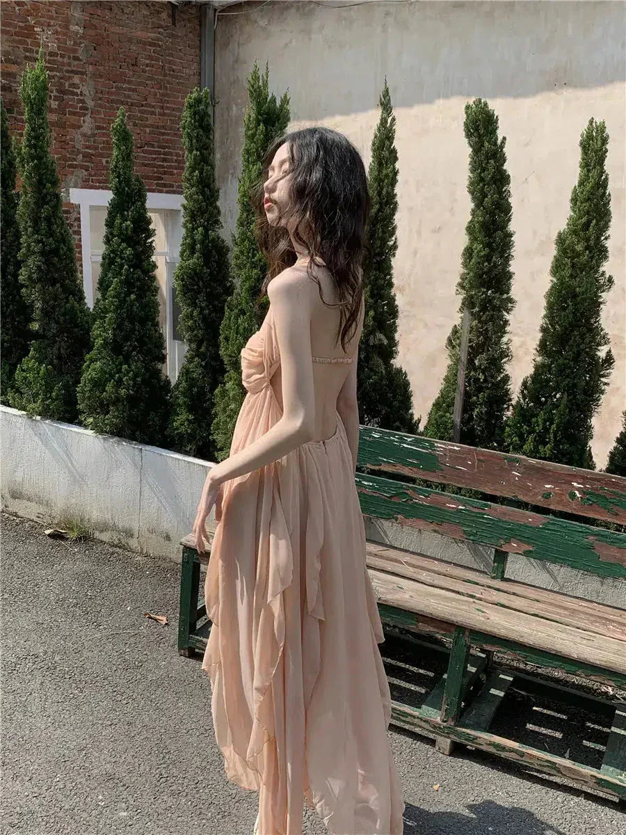 Halter Ruched Star Brooch Tiered Ruffle Chiffon Maxi Dress