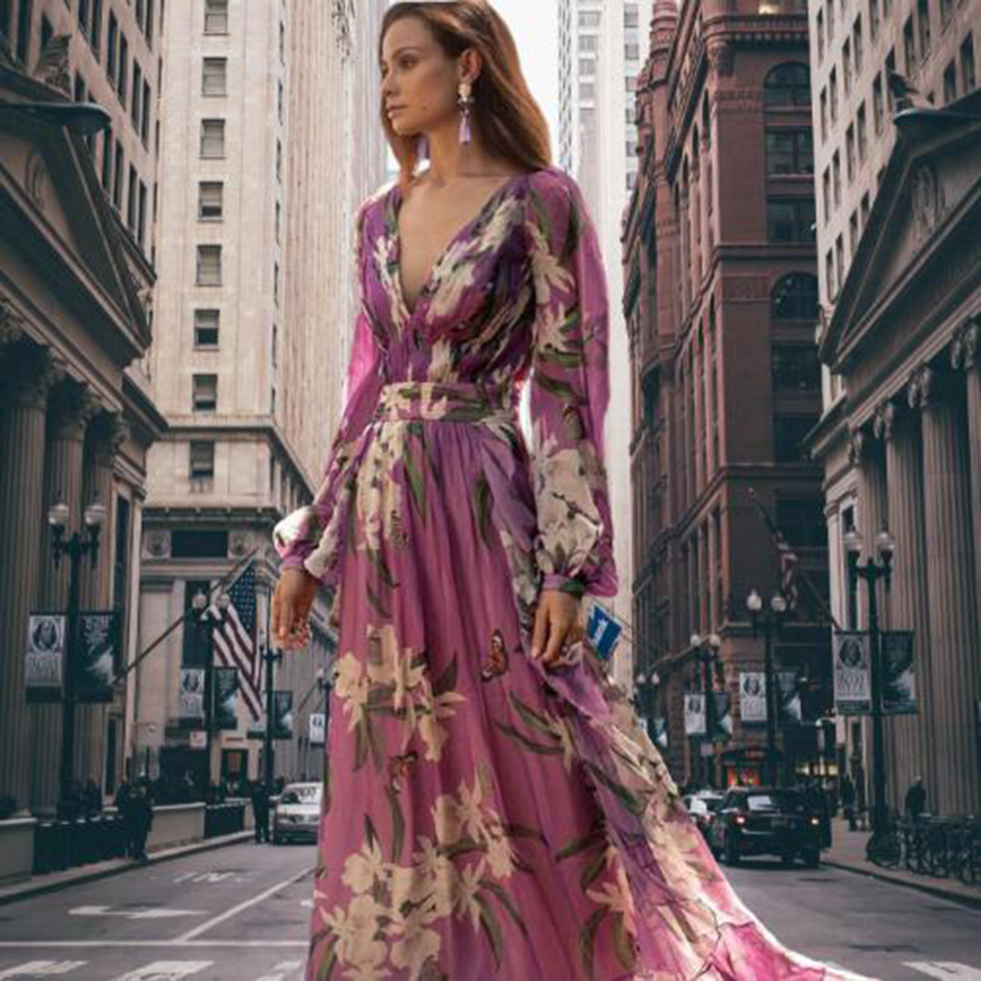 Floral Butterfly Print Deep V-Neck Bishop Sleeve Belted Maxi Dress