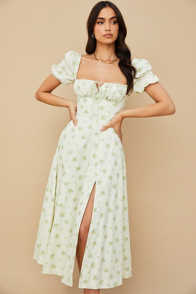 Ditsy Floral Print Puff Sleeve Square Neck Ruched Bust Side Split Midi Dress
