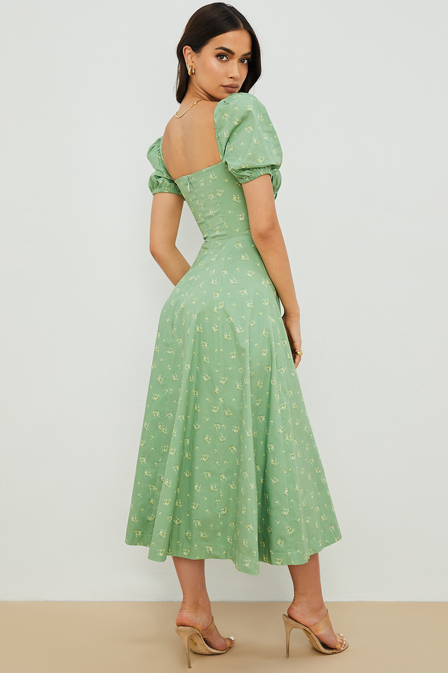 Ditsy Floral Print Puff Sleeve Square Neck Ruched Bust Side Split Midi Dress