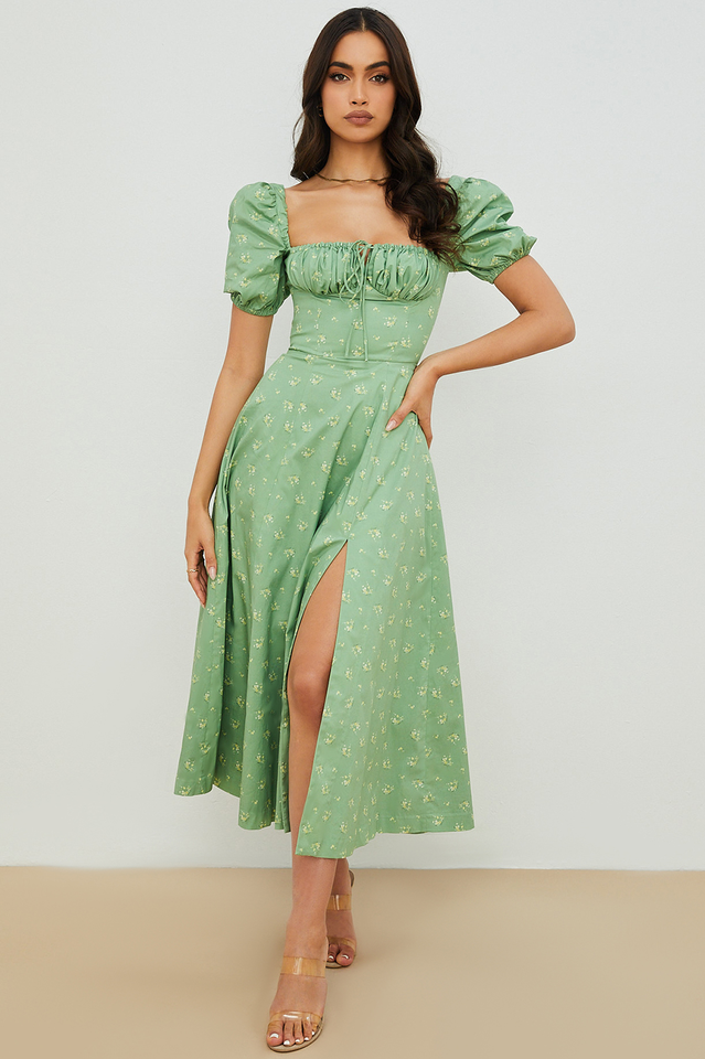 Ditsy Floral Print Puff Sleeve Square Neck Ruched Bust Side Split Midi Dress