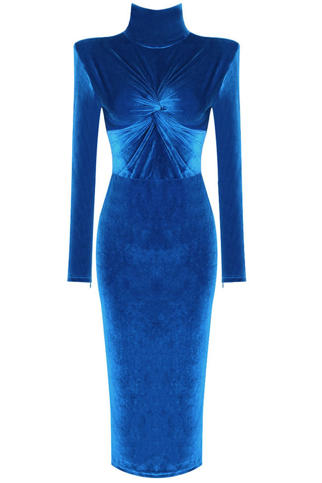 Velvet Mock Neck Twist Front Padded Shoulder Bodycon Midi Dress