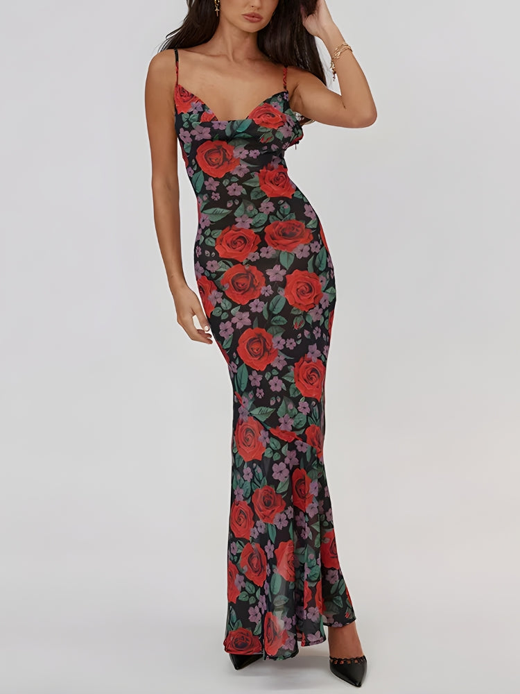 Floral Print Cowl Neck Spaghetti Strap Bodycon Slip Maxi Dress