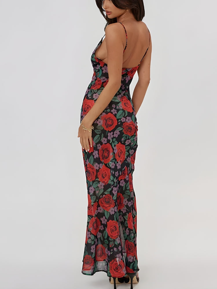 Floral Print Cowl Neck Spaghetti Strap Bodycon Slip Maxi Dress