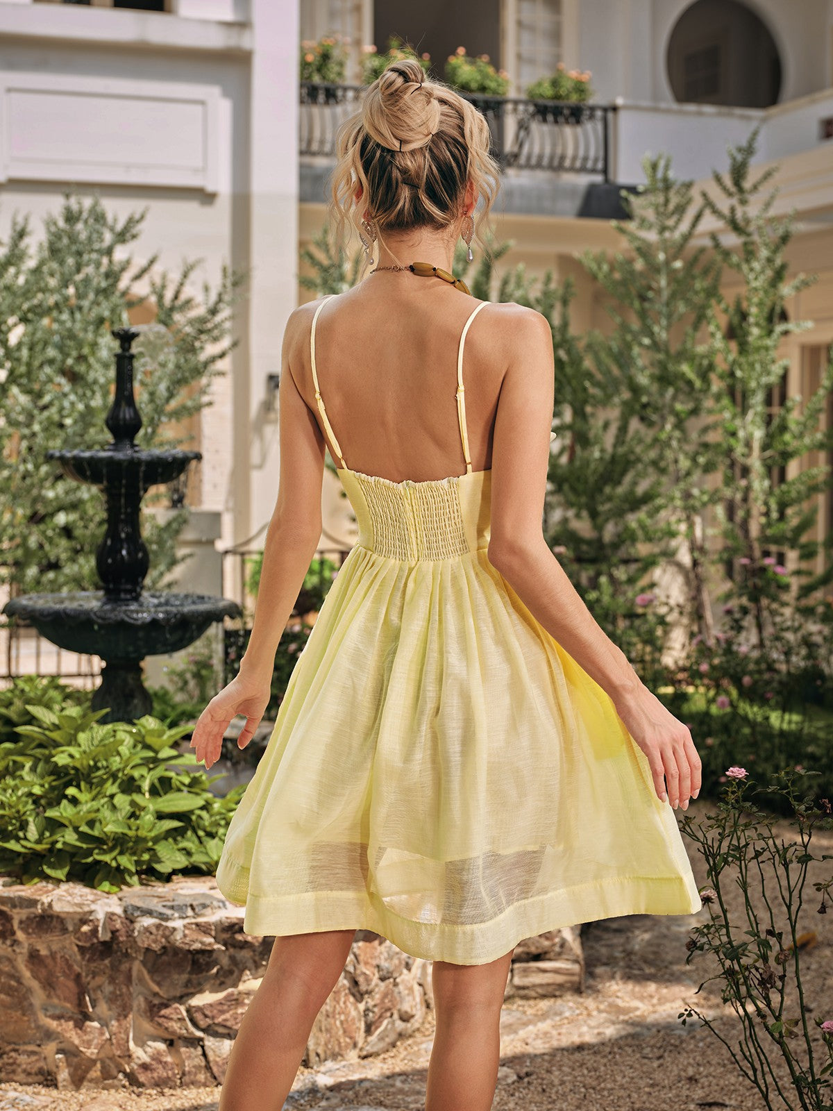 Spaghetti Strap Plunging V-Neck Ruched Bodice Side Pocket Fit and Flare Mini Dress