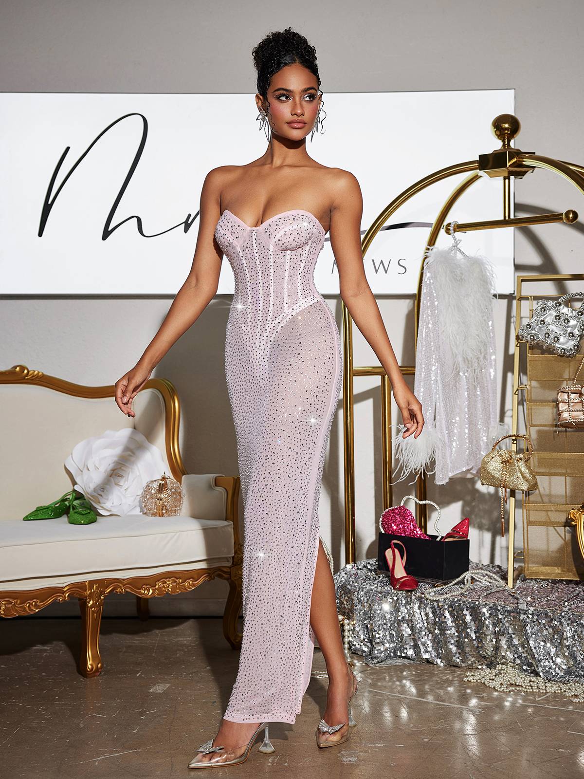 Strapless Rhinestone Corset Sweetheart Mesh Column Maxi Gown