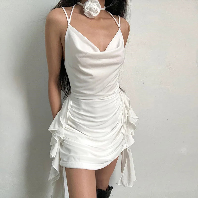 Cowl Neck Choker Tie Ruched Asymmetrical Ruffle Hem Mini Dress