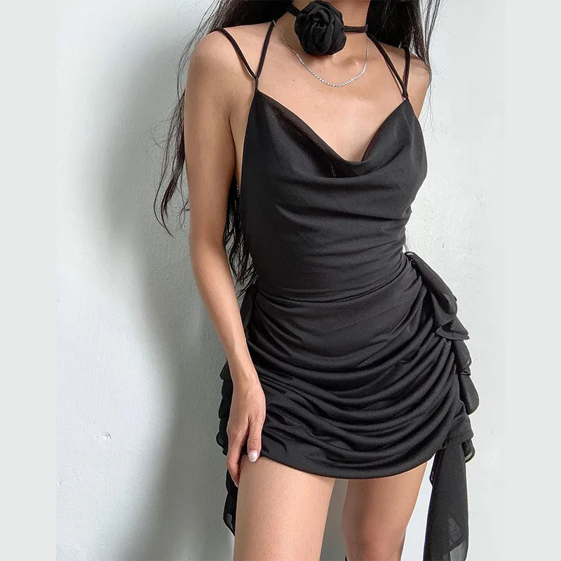 Cowl Neck Choker Tie Ruched Asymmetrical Ruffle Hem Mini Dress