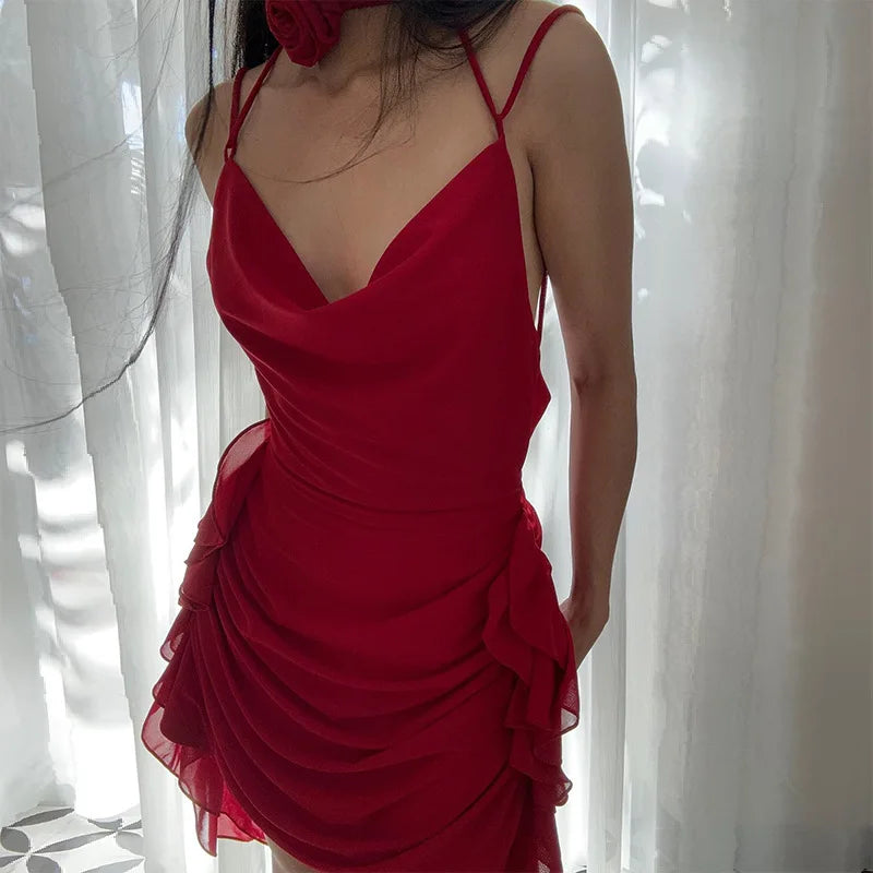 Cowl Neck Choker Tie Ruched Asymmetrical Ruffle Hem Mini Dress