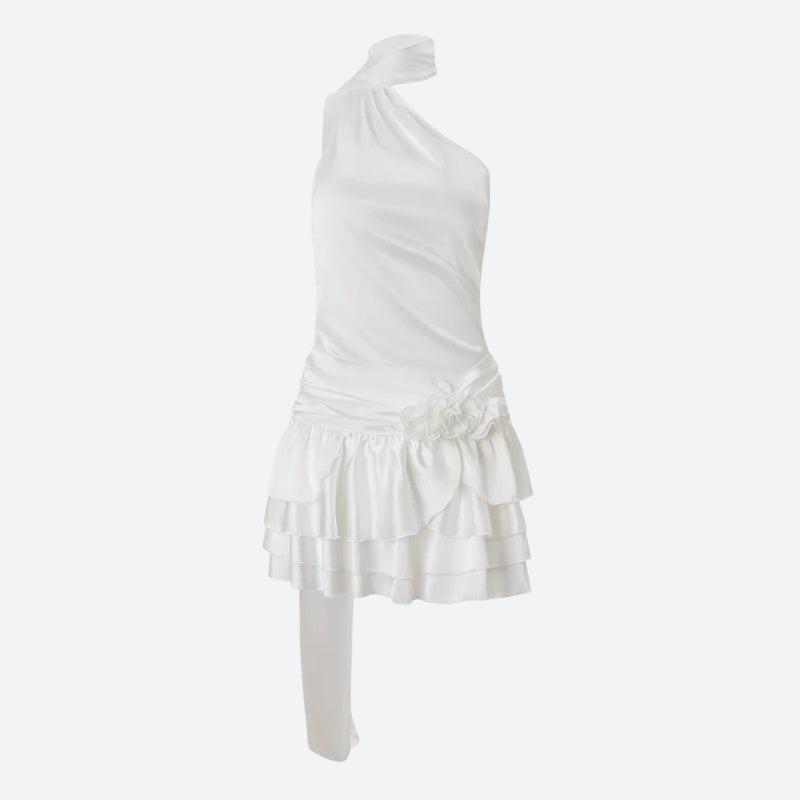Halter Backless Rosette Trim Tiered Ruffle Satin Mini Dress