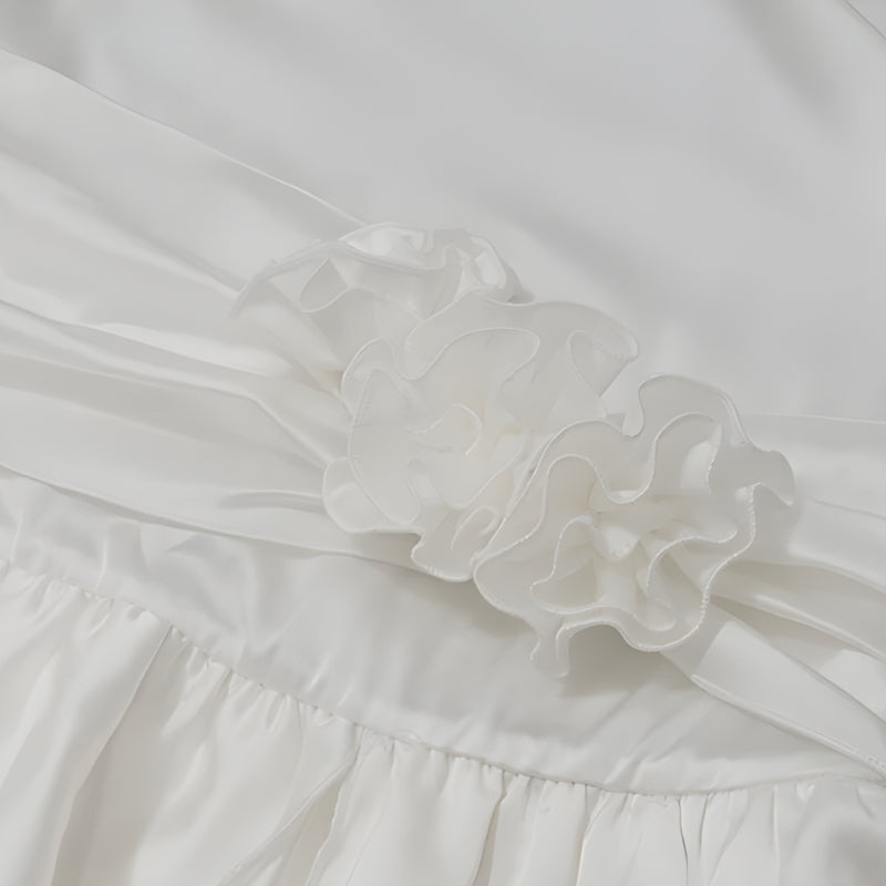Halter Backless Rosette Trim Tiered Ruffle Satin Mini Dress
