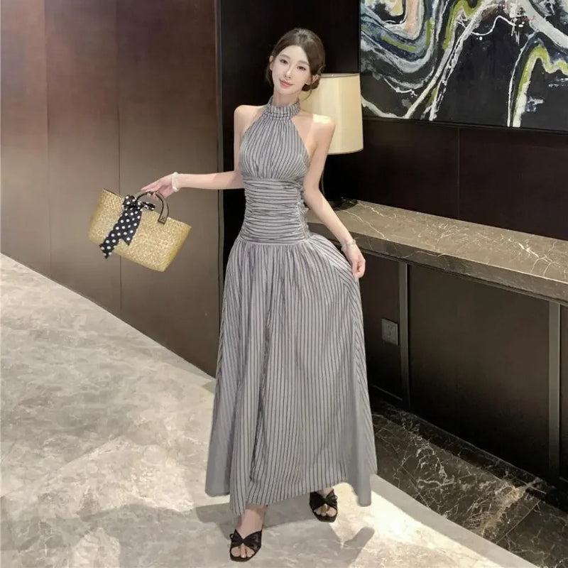 Striped Halter Neck Ruched Waist Sleeveless Maxi Dress
