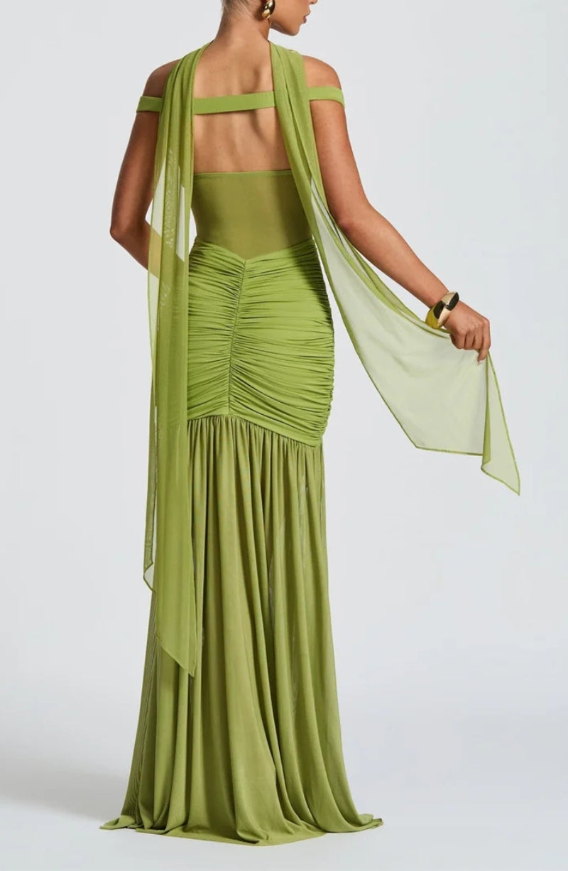 Off Shoulder Sweetheart Mesh Corset Ruched Thigh Slit Scarf Neck Maxi Dress