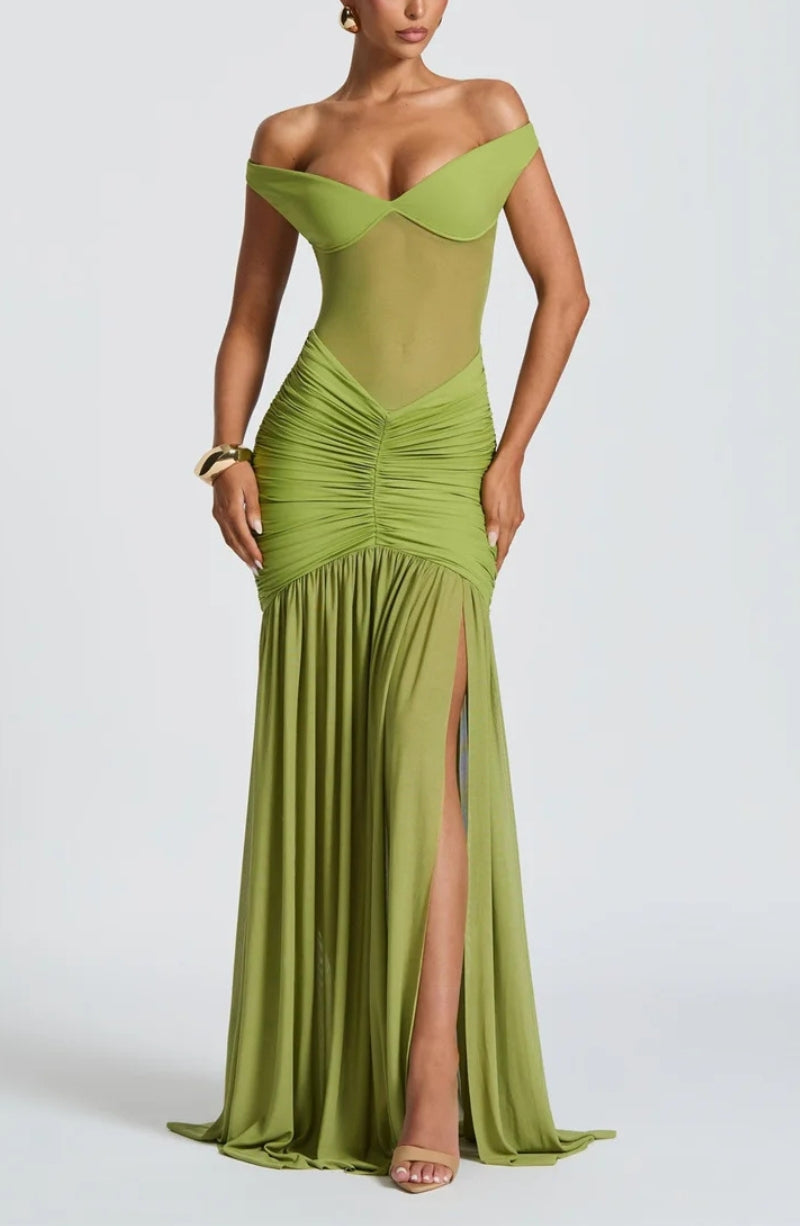 Off Shoulder Sweetheart Mesh Corset Ruched Thigh Slit Scarf Neck Maxi Dress