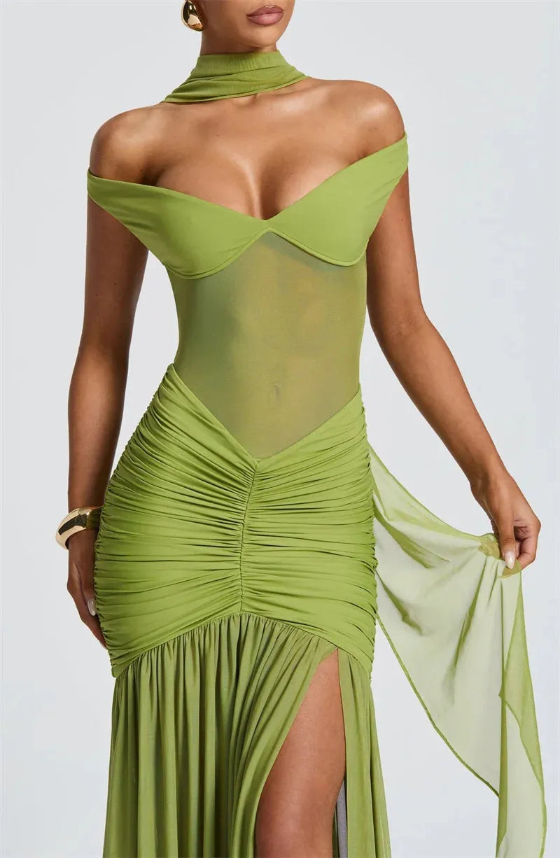 Off Shoulder Sweetheart Mesh Corset Ruched Thigh Slit Scarf Neck Maxi Dress