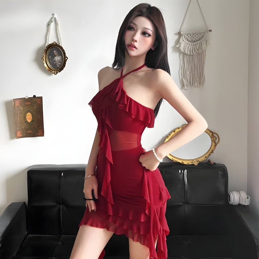 Halter Neck Ruffle Tiered Mesh Waist Cutout Asymmetric Hem Mini Dress