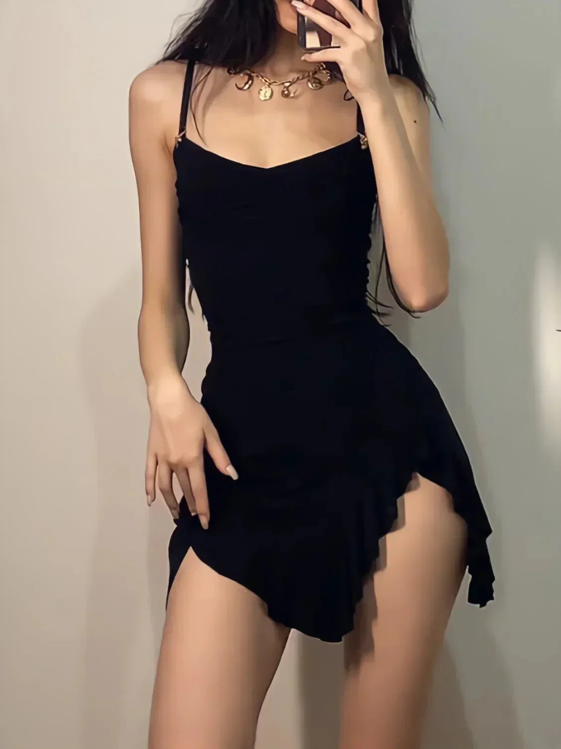 Ruched Sweetheart Spaghetti Strap Asymmetrical Ruffle Hem Bodycon Mini Dress