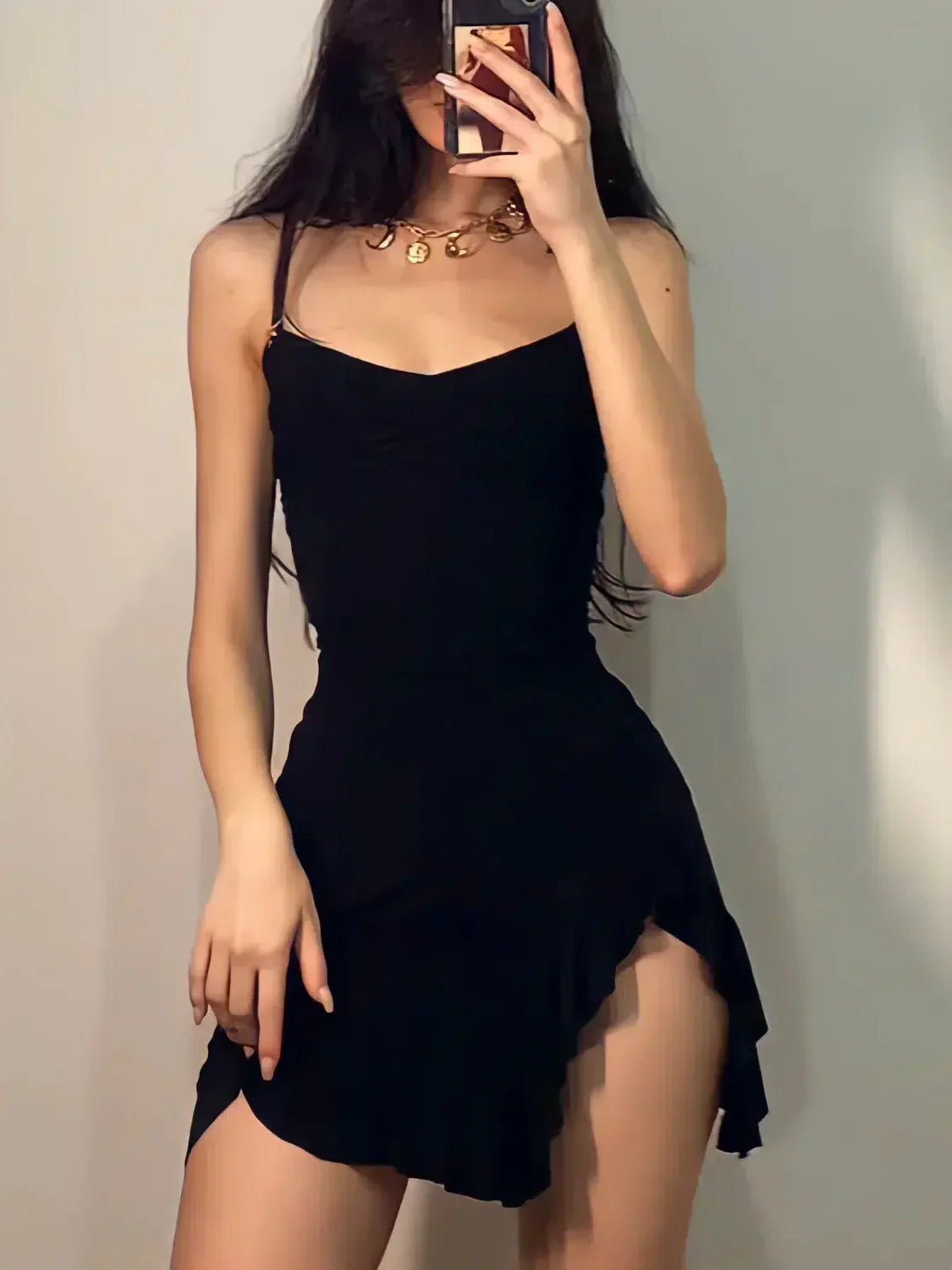 Ruched Sweetheart Spaghetti Strap Asymmetrical Ruffle Hem Bodycon Mini Dress
