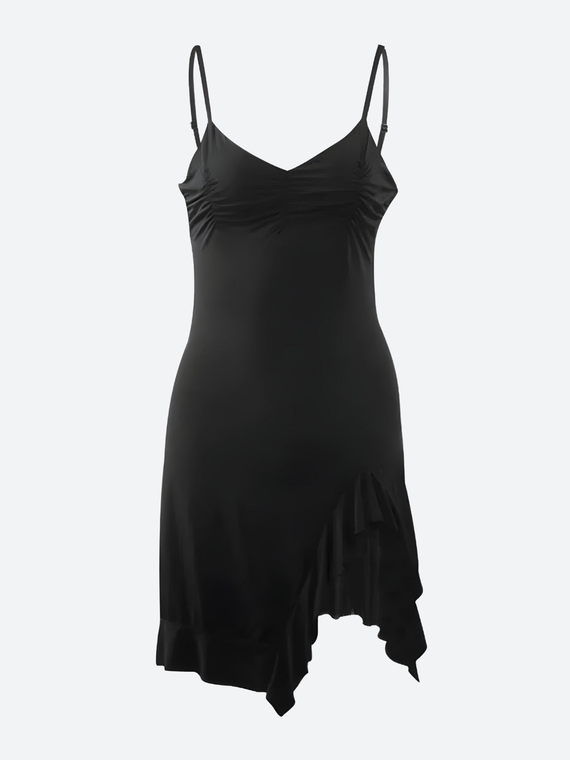 Ruched Sweetheart Spaghetti Strap Asymmetrical Ruffle Hem Bodycon Mini Dress