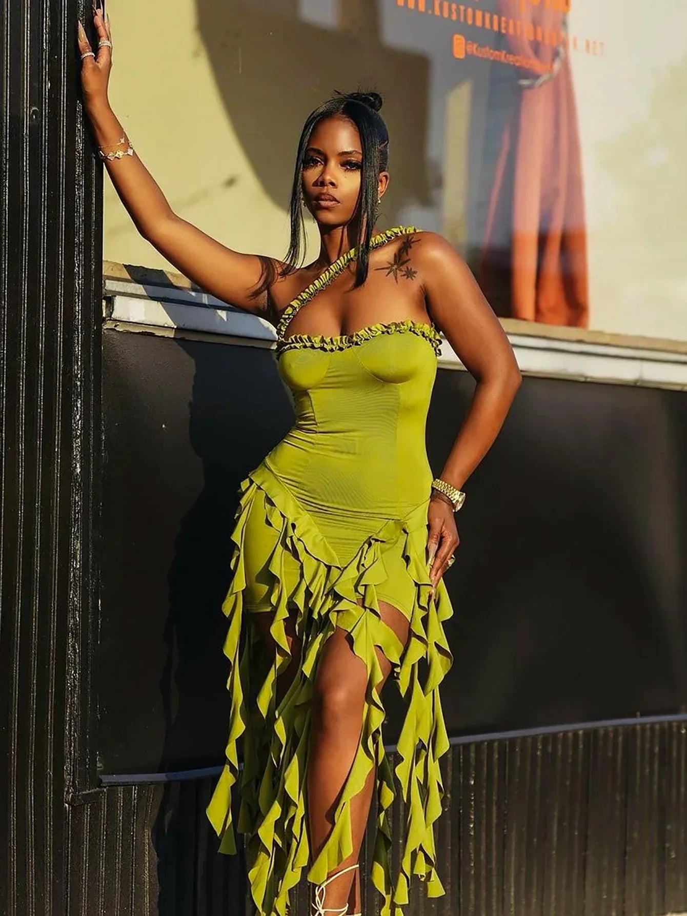 One Shoulder Cascading Ruffle Panel Bodycon Mini Dress