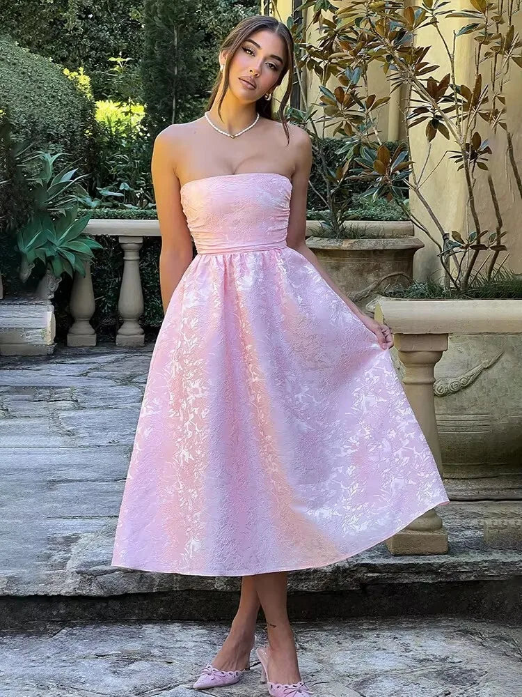Jacquard Strapless Bow Back Fit and Flare Mini Dress