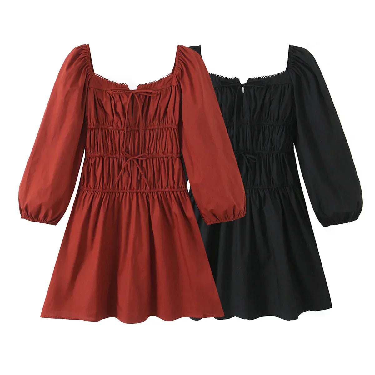Square Neck Bow Tie Puff Sleeve Smocked Waist Mini Dress