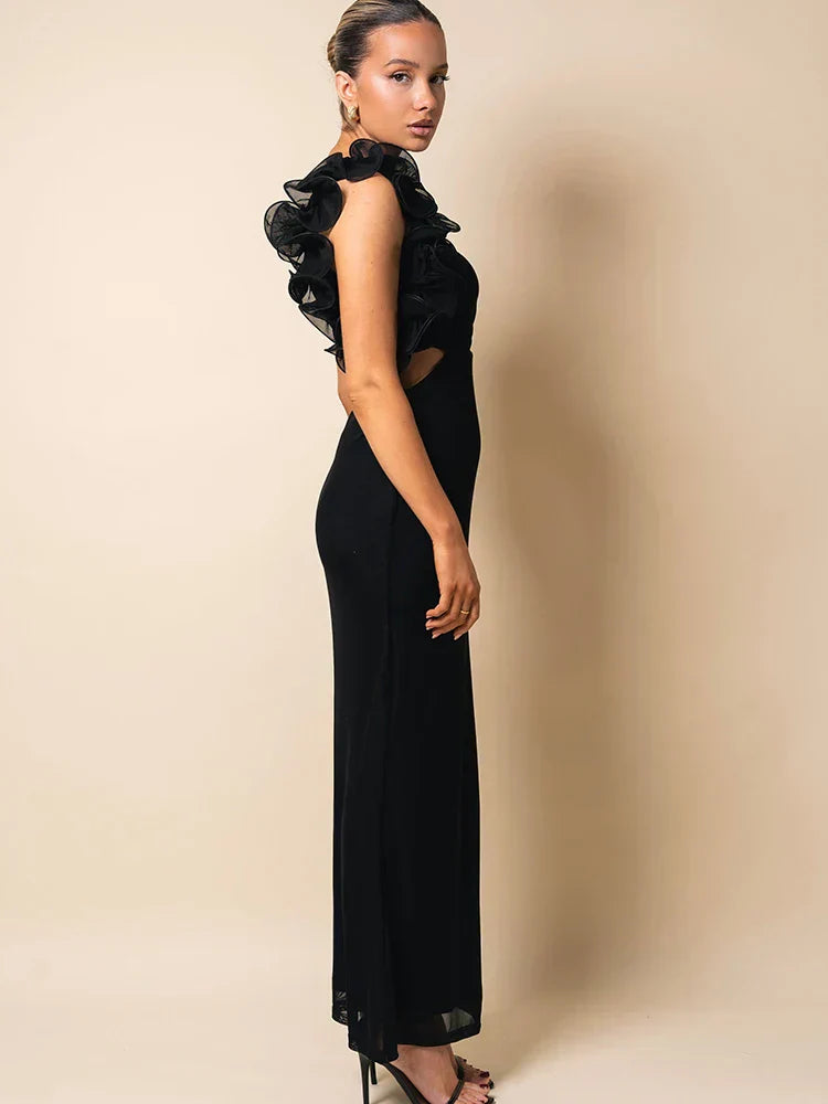 One-Shoulder Floral Ruffle Strap Ruched Side Cutout Mermaid Maxi Dress