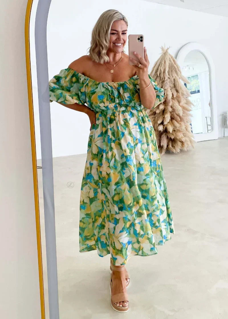 Off Shoulder Puff Sleeve Smocked Waist Abstract Floral Print Midi Dress