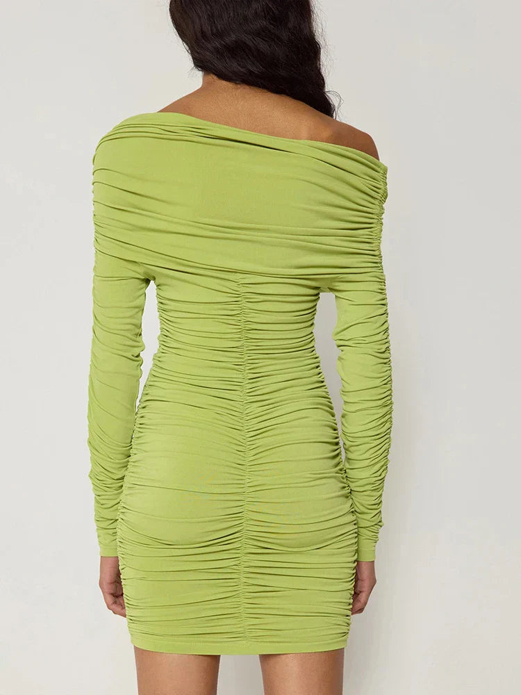 Asymmetric Neck Ruched Gathered Long Sleeve Bodycon Mini Dress