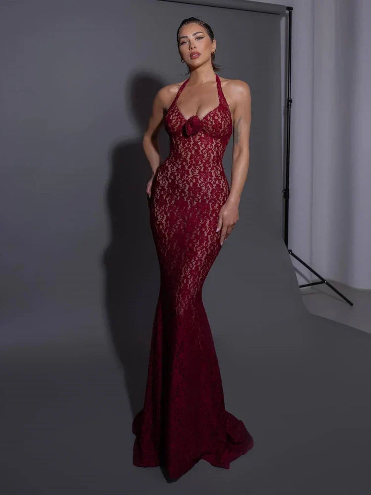 Floral Lace Halter Rosette Sweetheart Mermaid Maxi Gown
