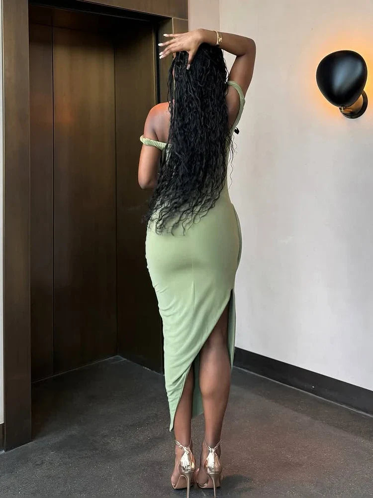Off Shoulder Ruched Bodycon High Split Midi Dress