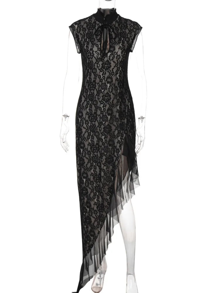 Mandarin Collar Keyhole Floral Lace Ruffled Hem High Low Maxi Dress