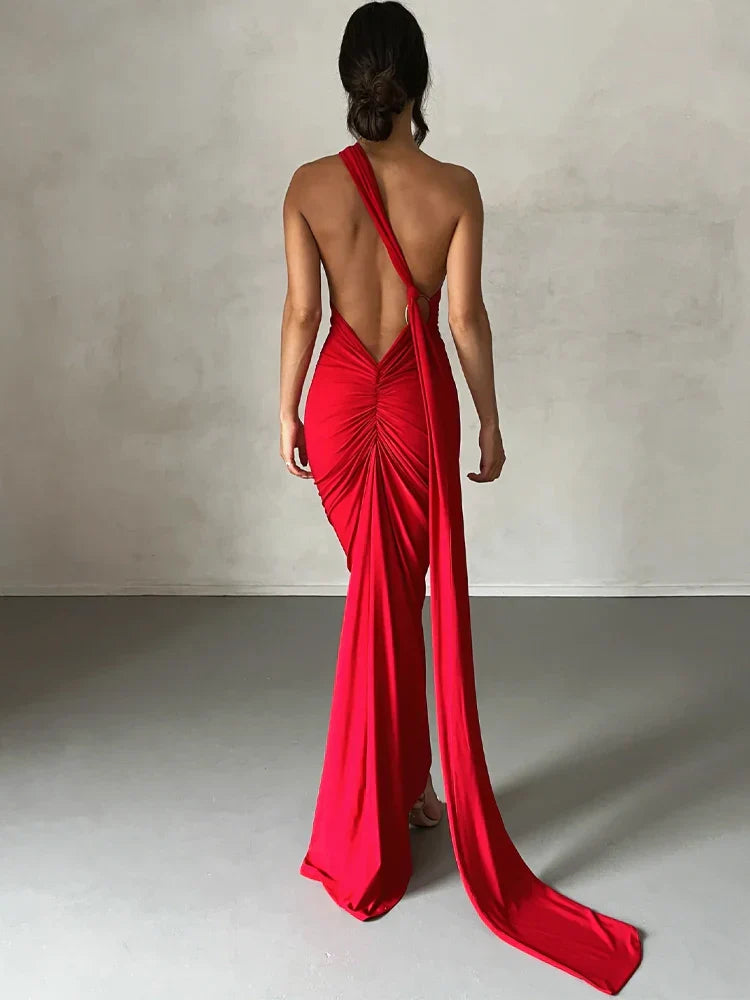 Halter Neck Open Back Draped Sash Ruched Ring Detail Maxi Dress