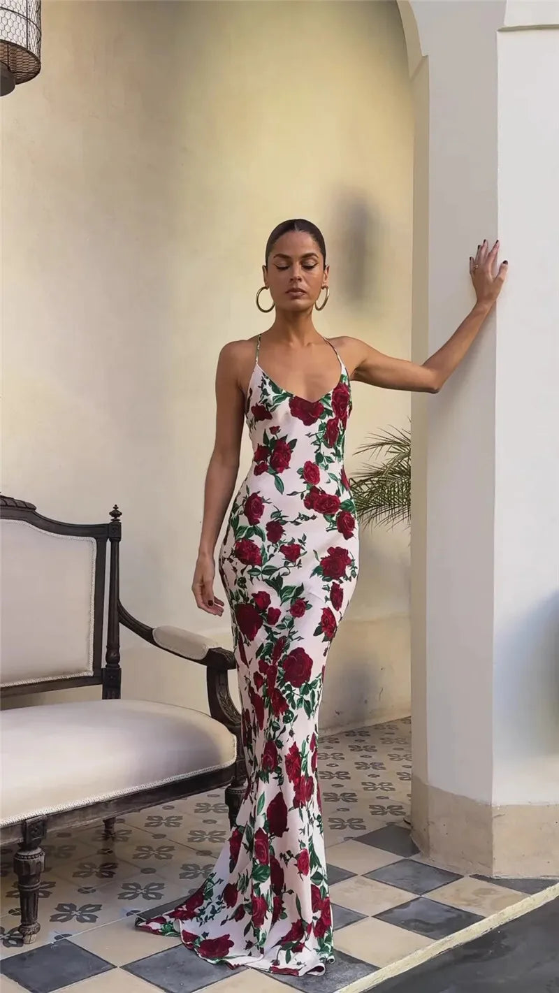 Print Halter Choker Spaghetti Strap Mermaid Maxi Dress