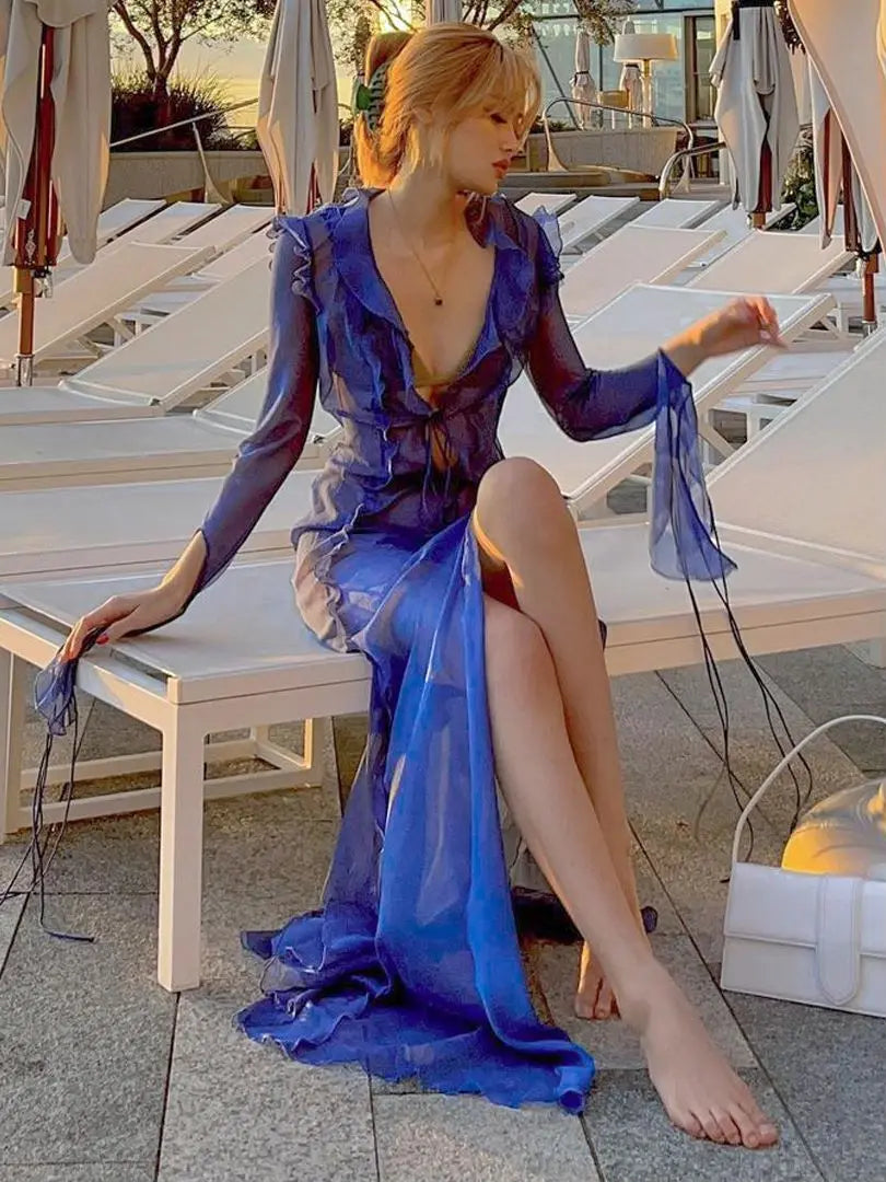 Sheer Mesh Tie Front Deep V-Neck Ruffle Trim High Split Maxi Dress