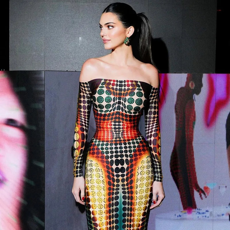 Optical Illusion Print Off Shoulder Long Sleeve Bodycon Maxi Dress