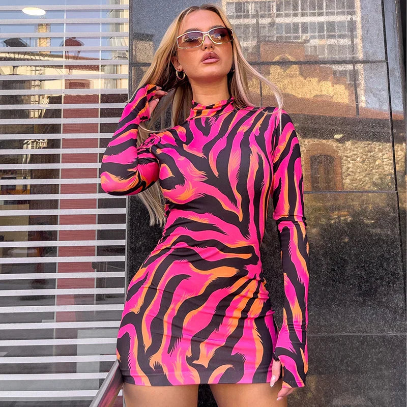Zebra Stripe Mock Neck Thumbhole Long Sleeve Bodycon Mini Dress